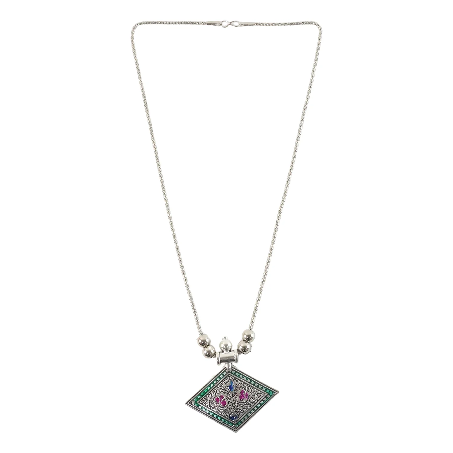 Traditional Square Motif Oxidised Silver Finish Pendant Necklace (1 Pc) - Image 5