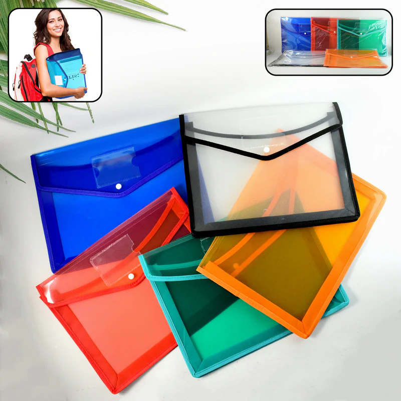 Transparent Document File Folder Multi-Color Button Closure File Bags (1 Pc / Mix Color) - Image 2