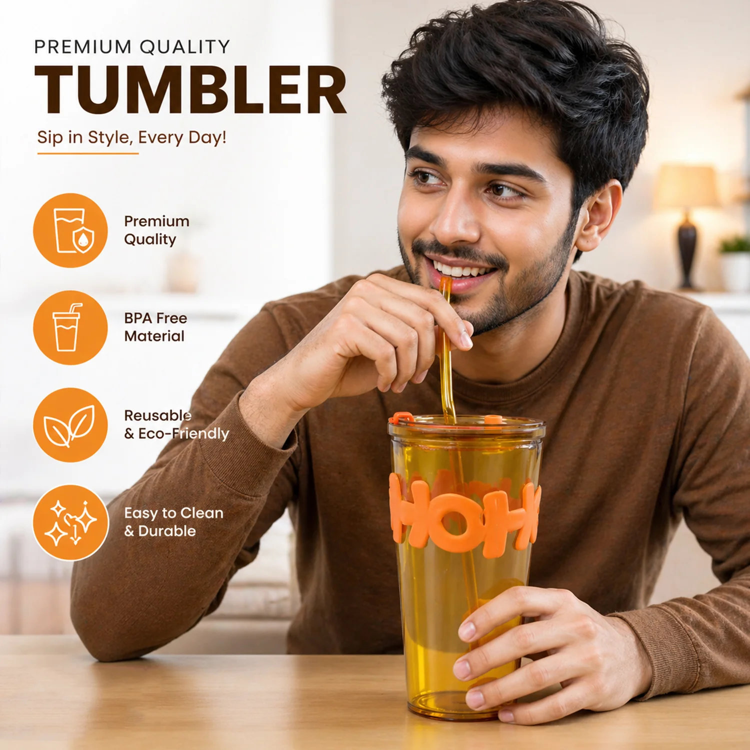 Transparent Glass Tumbler with Lid and Straw (450 ML) - Image 5