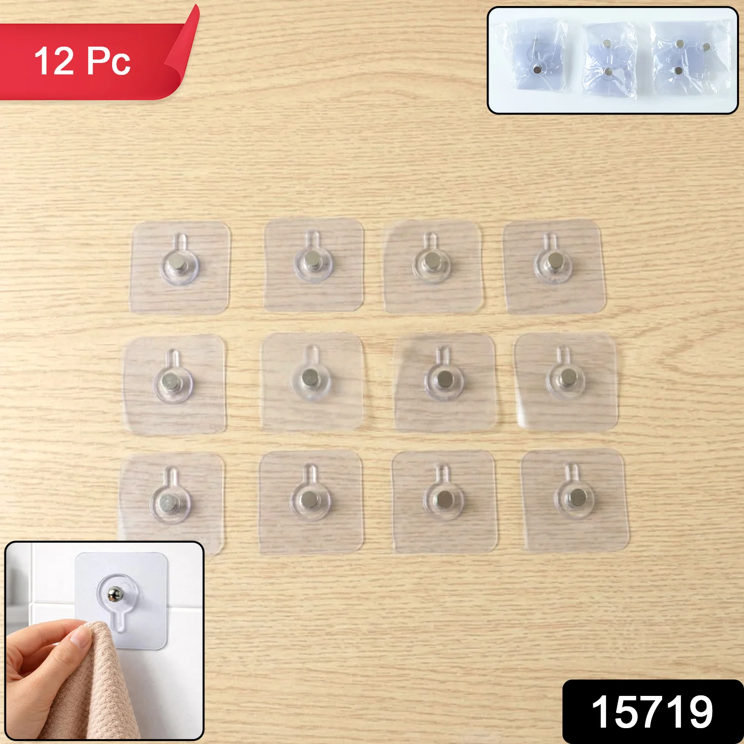 Transparent Self Adhesive Wall Hook Set (12 Pc) - Image 2