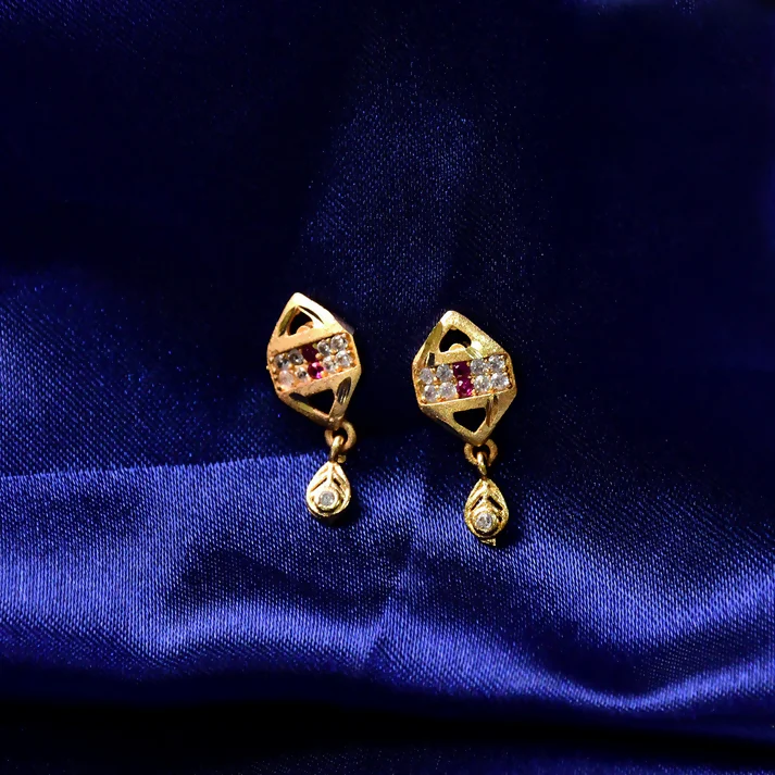 Trendy Geometric Gold Earrings with Sparkling Stones & Drop Charm - Image 2