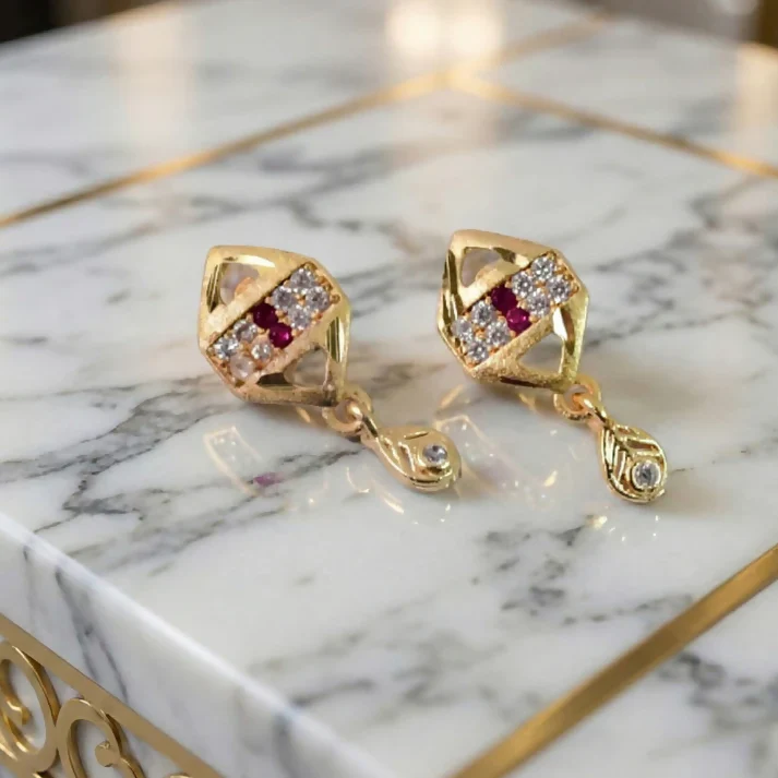 Trendy Geometric Gold Earrings with Sparkling Stones & Drop Charm - Image 3