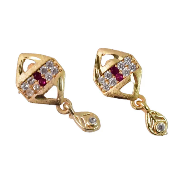 Trendy Geometric Gold Earrings with Sparkling Stones & Drop Charm - Image 4
