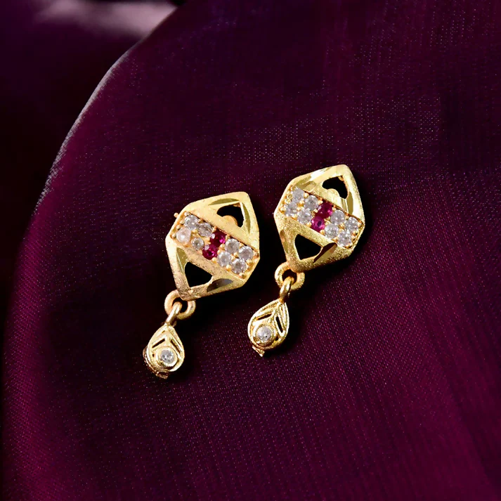 Trendy Geometric Gold Earrings with Sparkling Stones & Drop Charm - Image 5