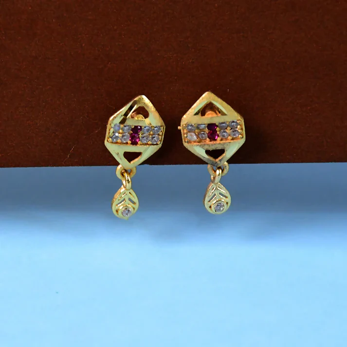 Trendy Geometric Gold Earrings with Sparkling Stones & Drop Charm - Image 6