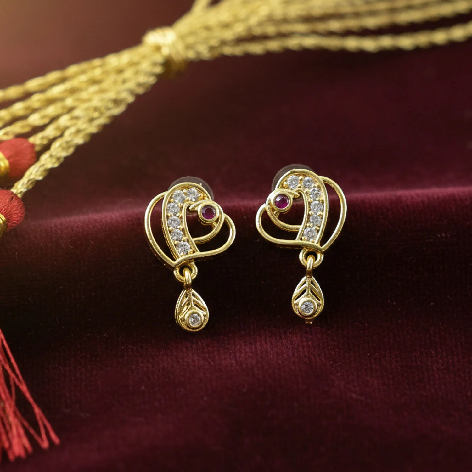 Trendy Geometric Gold Earrings with Sparkling Stones & Drop Charm - Image 2