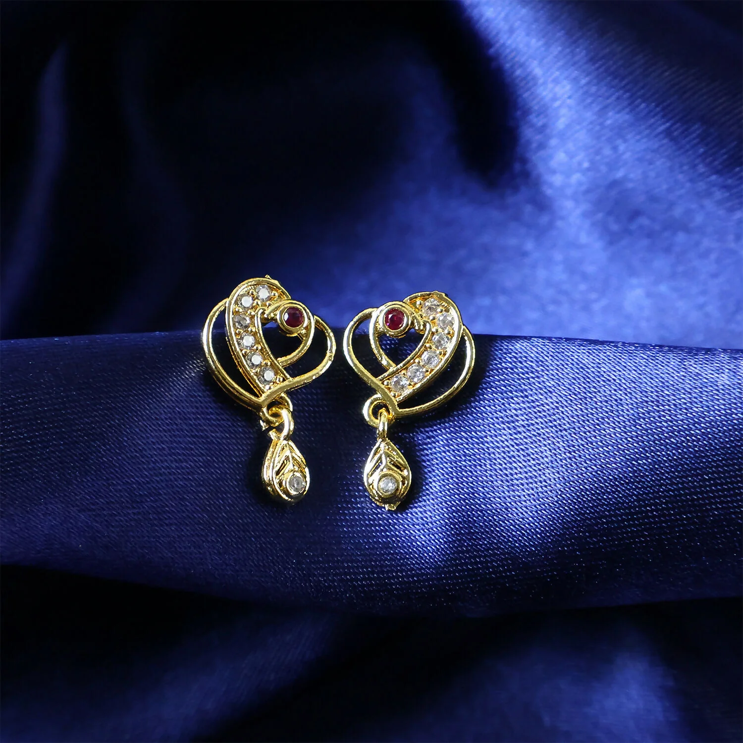 Trendy Geometric Gold Earrings with Sparkling Stones & Drop Charm - Image 4