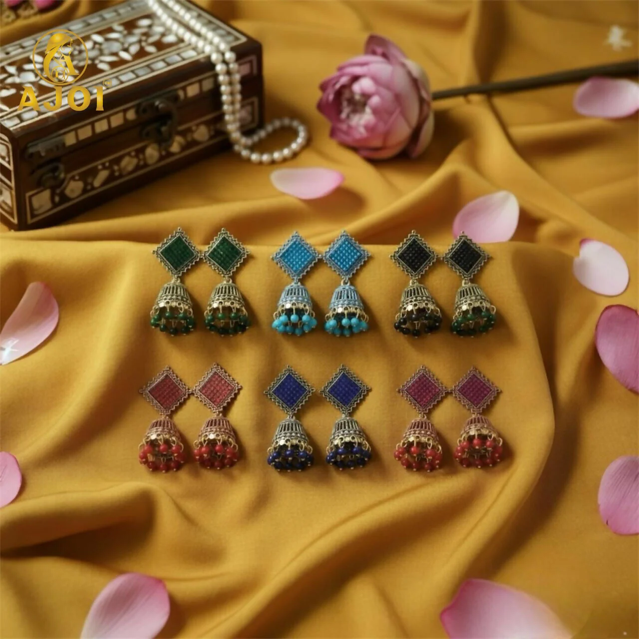 Trendy Oxidised Jhumki Earrings with Designer Square Tops (PACK OF 6) - Image 3