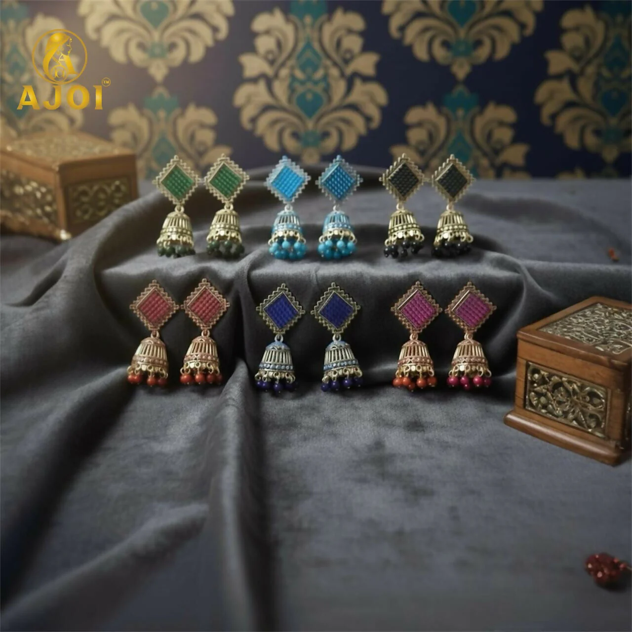 Trendy Oxidised Jhumki Earrings with Designer Square Tops (PACK OF 6) - Image 4