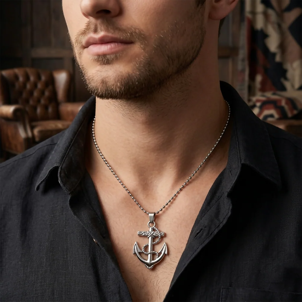 Trendy Ship Anchor Pendant Chain for Men Stylish Nautical Necklace - Image 2