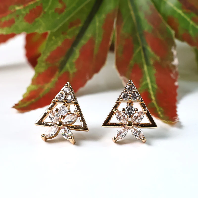 Trendy Triangle Floral Design CZ Stone Stud Earrings for Women - Image 2