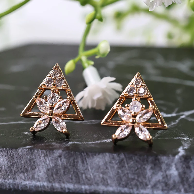 Trendy Triangle Floral Design CZ Stone Stud Earrings for Women - Image 3