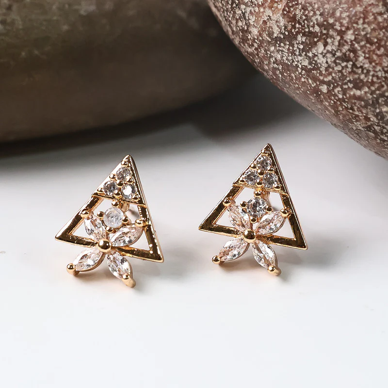 Trendy Triangle Floral Design CZ Stone Stud Earrings for Women - Image 4