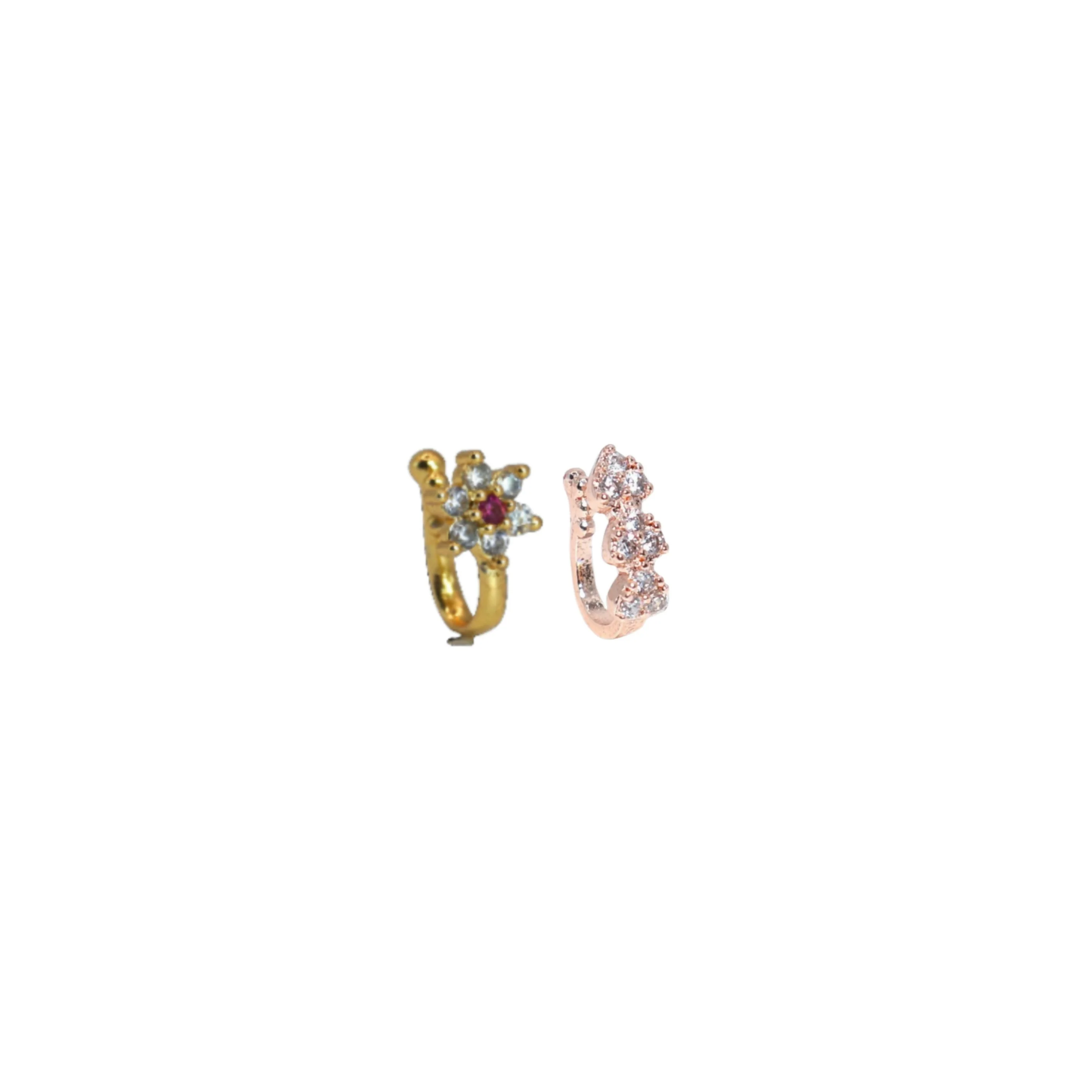 Triple Cluster CZ No Piercing Nose Ring Nath - Gold/Rose Gold Combo Pack of 2 - Image 2