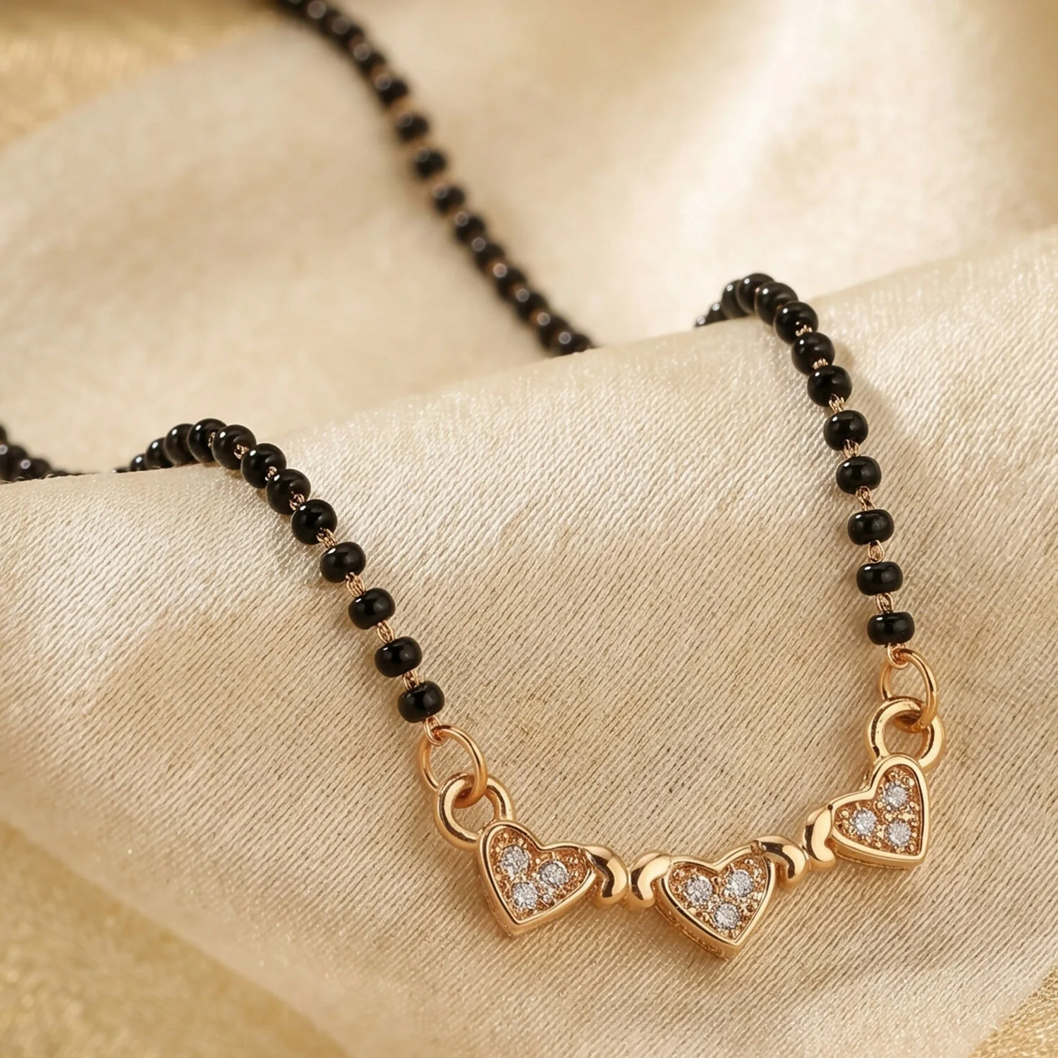 Triple Heart Design Mangalsutra Necklace with Crystal Stones - Image 2
