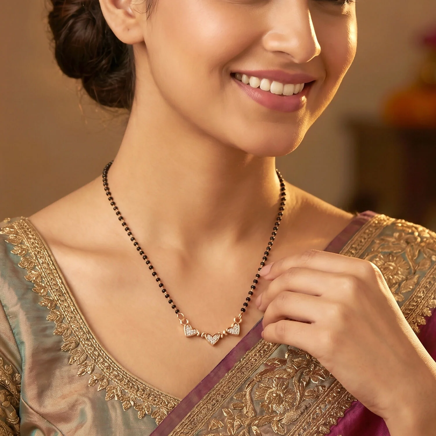 Triple Heart Design Mangalsutra Necklace with Crystal Stones - Image 3