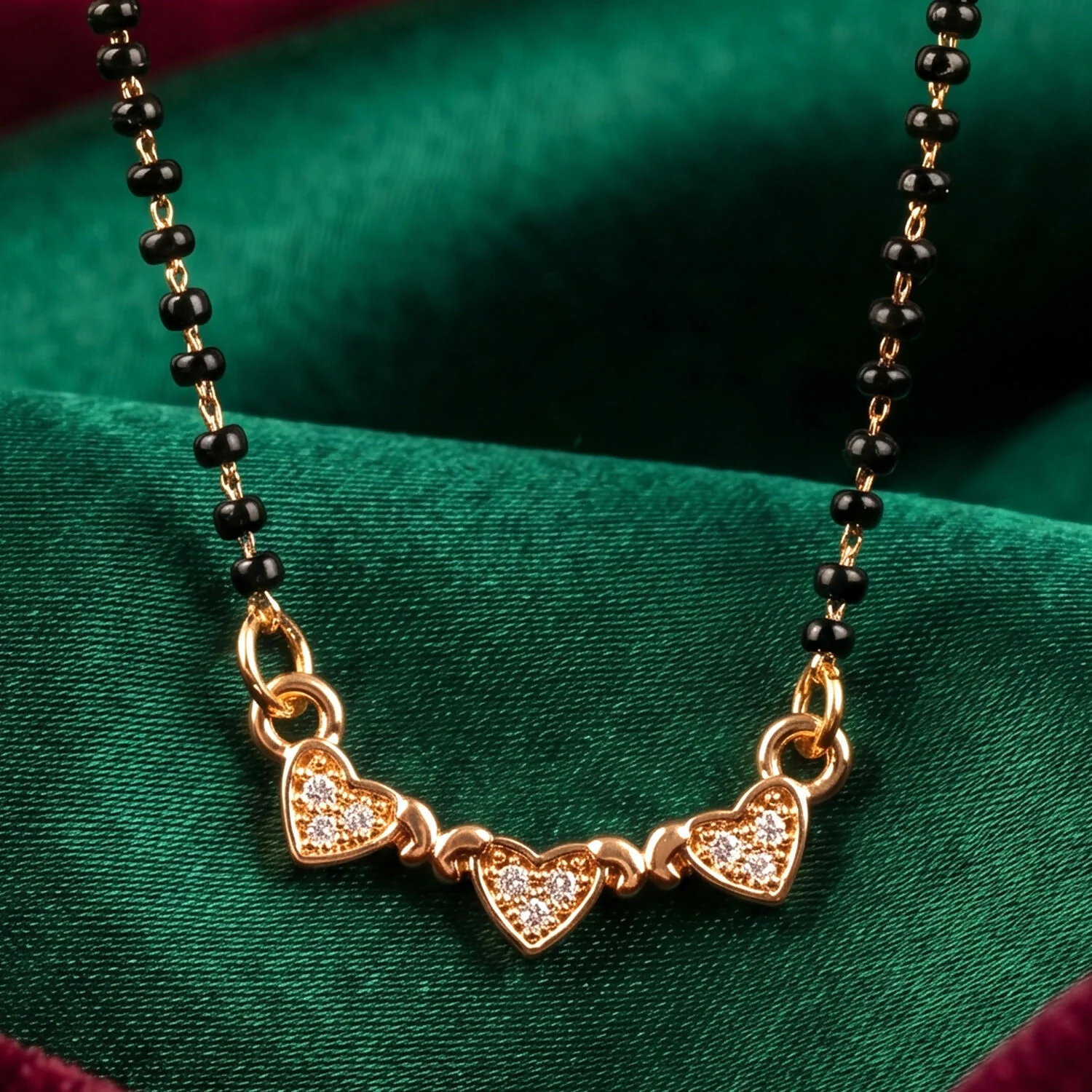 Triple Heart Design Mangalsutra Necklace with Crystal Stones - Image 4