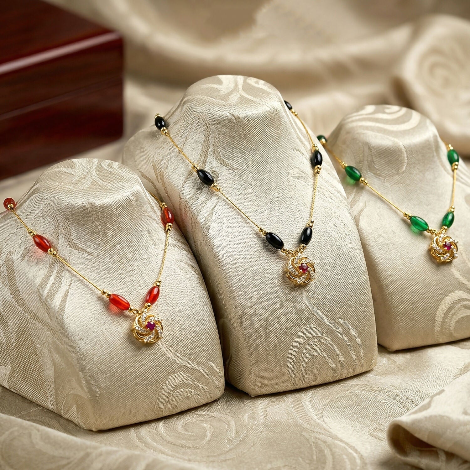 Triveni Beads Gold Necklace with Multicolor Navrang Design (3Pc/Set) - Image 4