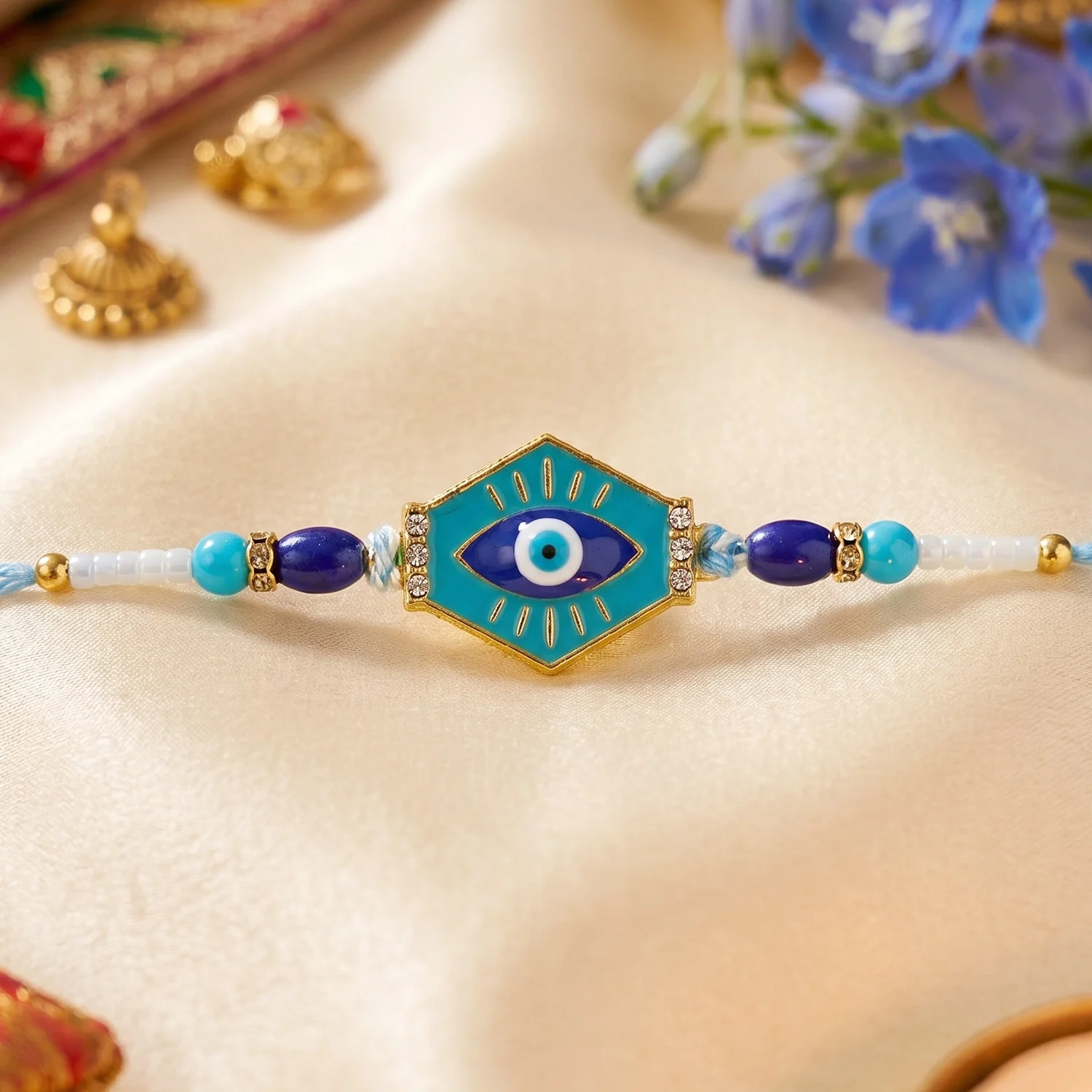 Turquoise Evil Eye Hexagon Designer Rakhi - Image 2