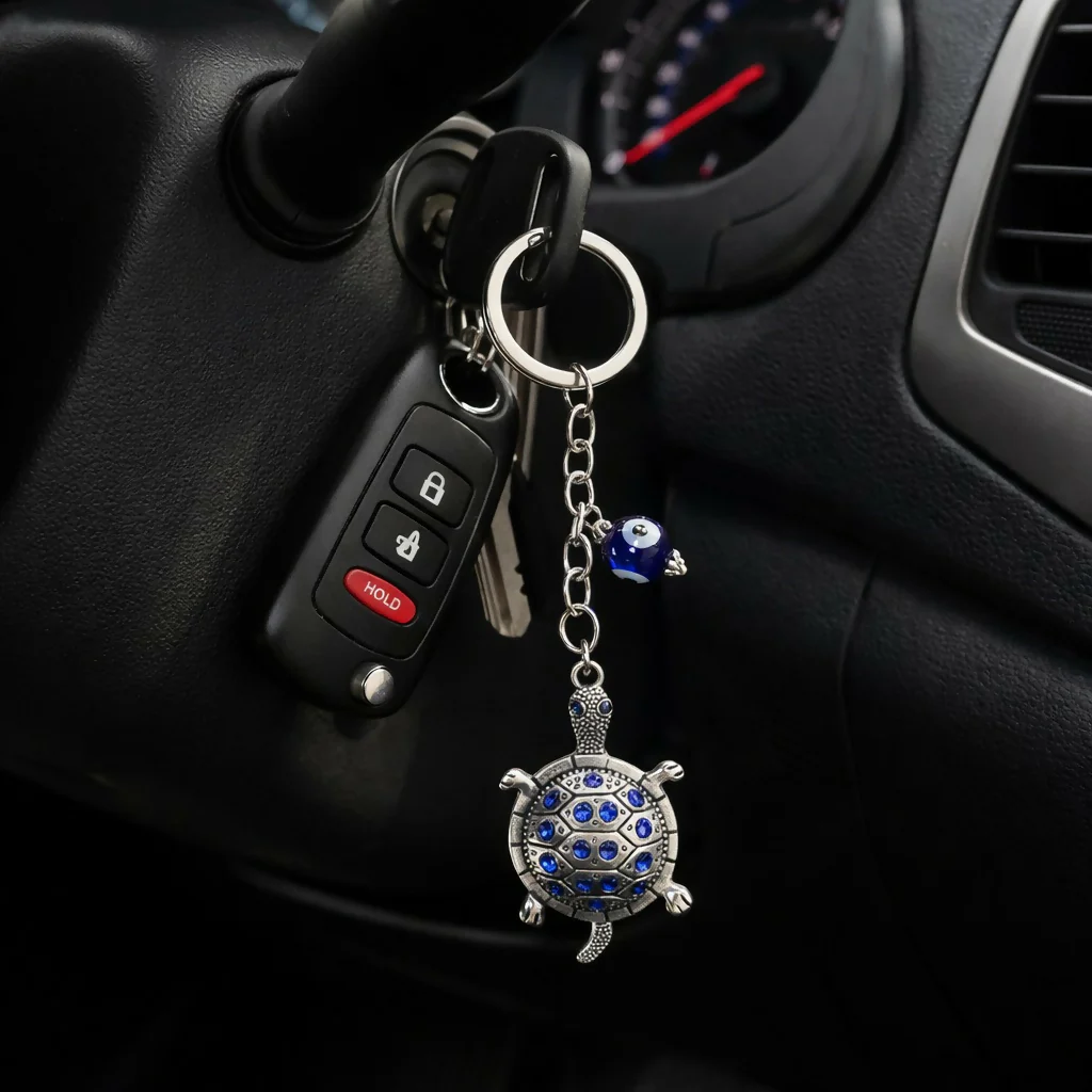 Turtle Evil Eye Keychain with Blue Stones for Car Keys, Bags & Gifting - Image 2