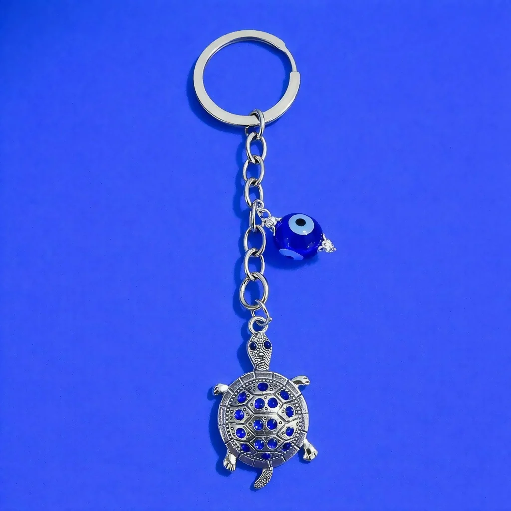 Turtle Keychain with Evil Eye Charm Metal Key Ring Pendant - Image 2