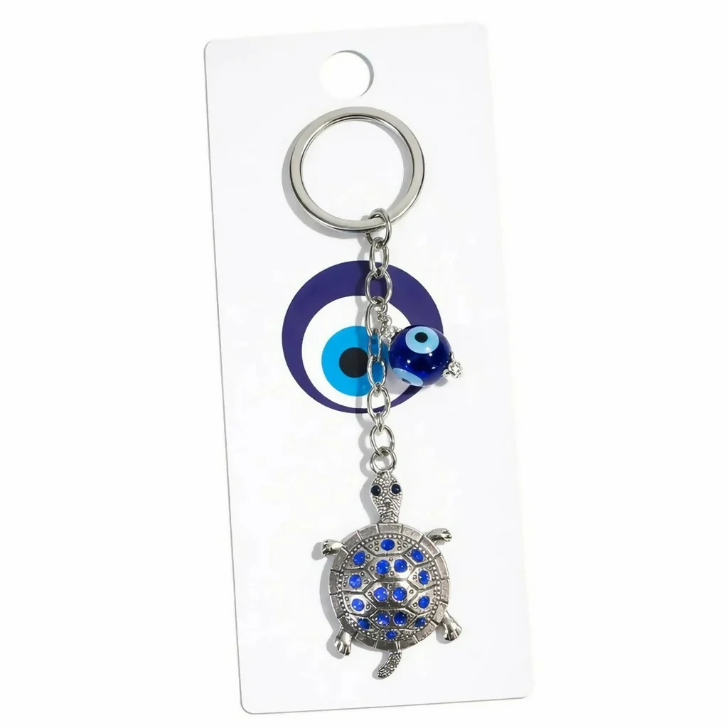 Turtle Keychain with Evil Eye Charm Metal Key Ring Pendant - Image 3