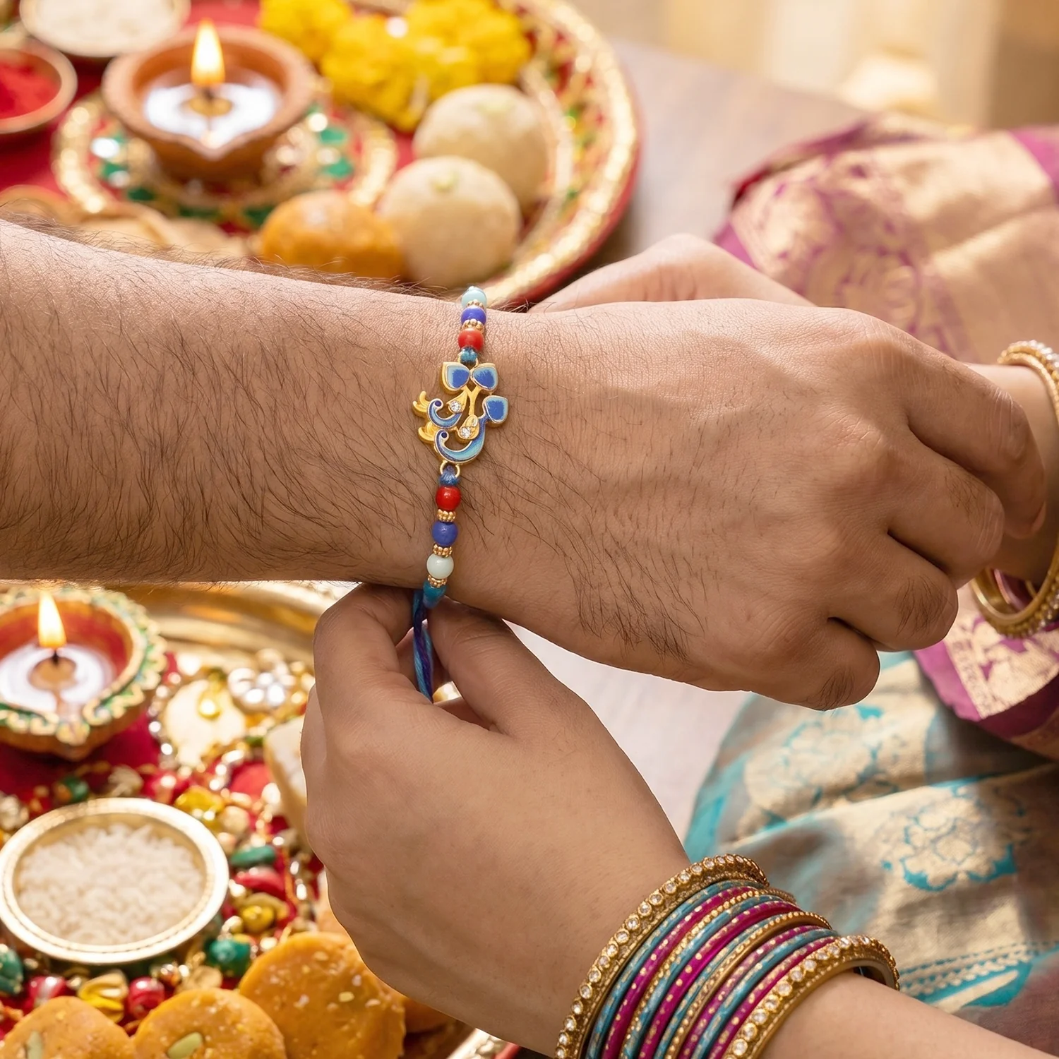 Twin Peacock Golden Enamel Designer Rakhi - Image 2
