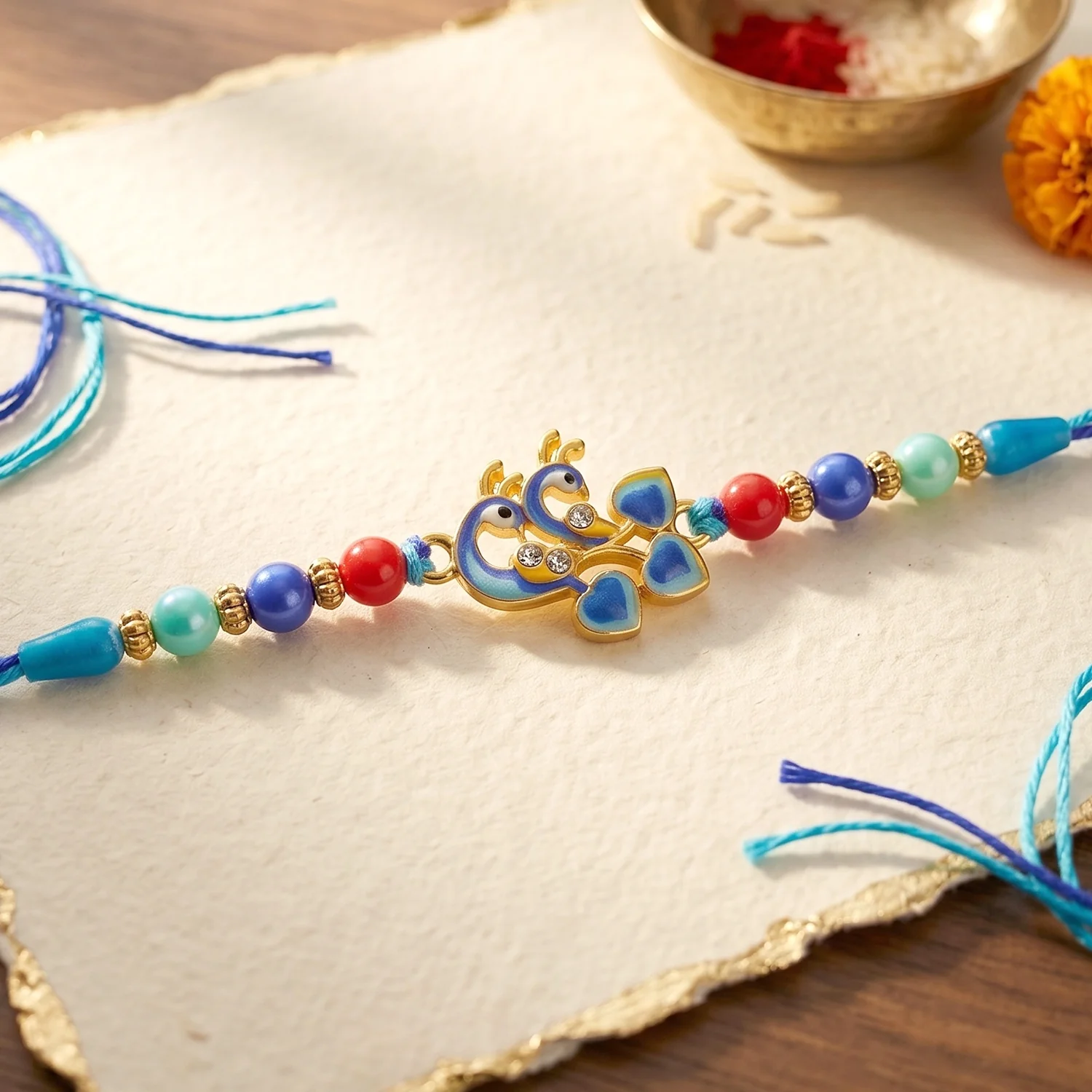 Twin Peacock Golden Enamel Designer Rakhi - Image 3