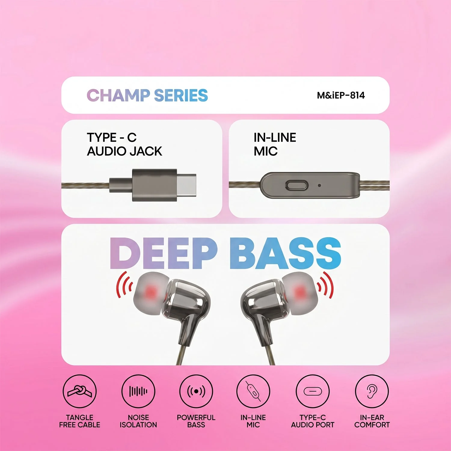 Champ Series Wired Type C Earphones with Mic Type (1 Pc) - Image 2