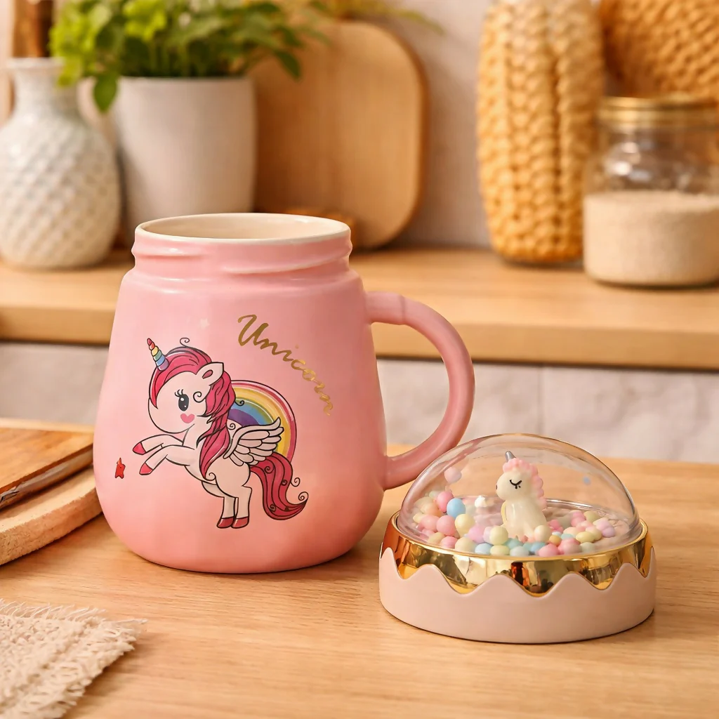 Unicorn Printed Ceramic Mug with Lid, Cute Kids Coffee Cup - Image 2