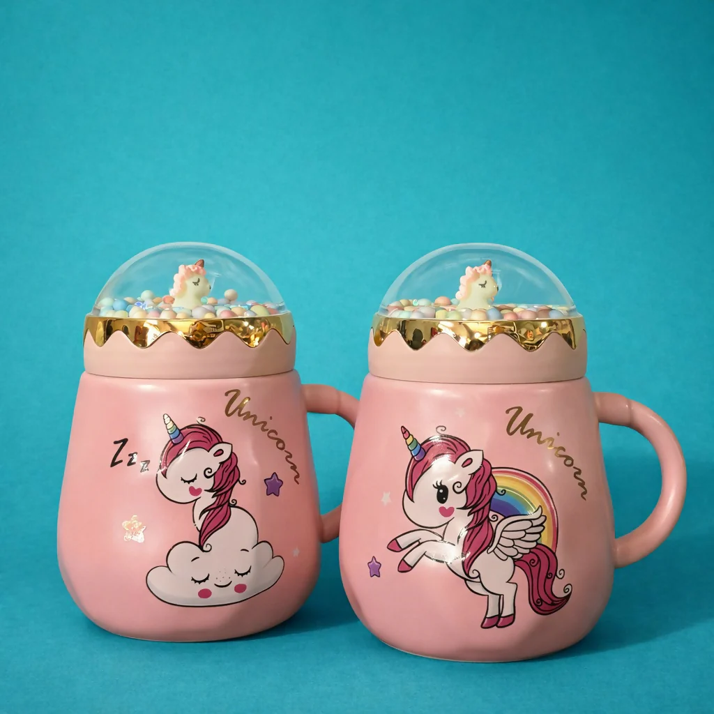 Unicorn Printed Ceramic Mug with Lid, Cute Kids Coffee Cup - Image 3