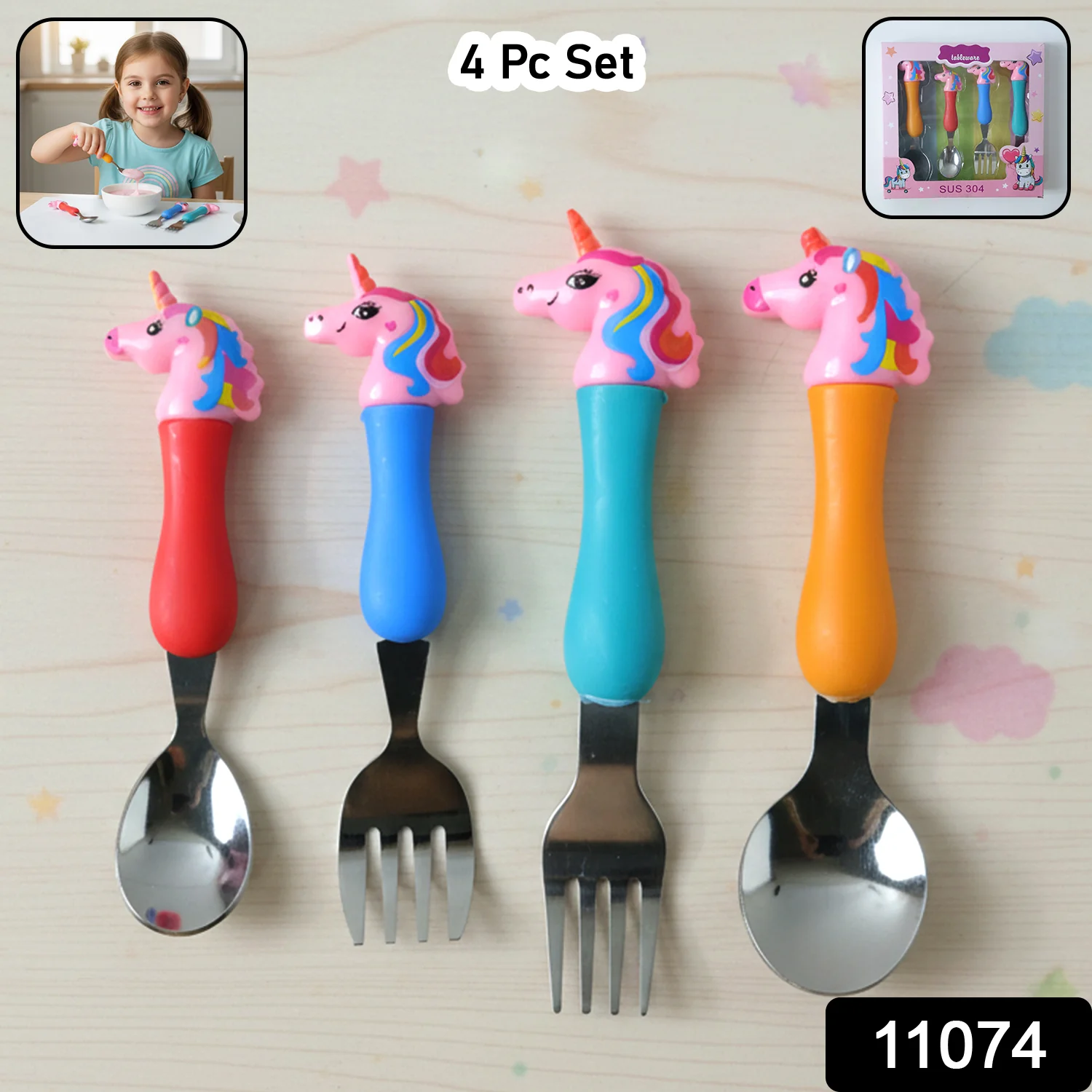 Unicorn Theme Kids Spoon and Fork With Plastic Handle Set (4 Pc Set) - Image 2