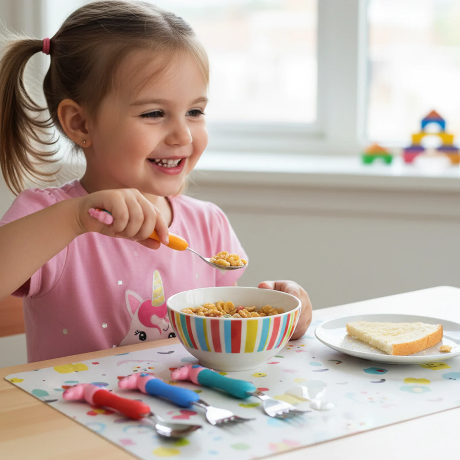 Unicorn Theme Kids Spoon and Fork With Plastic Handle Set (4 Pc Set) - Image 5