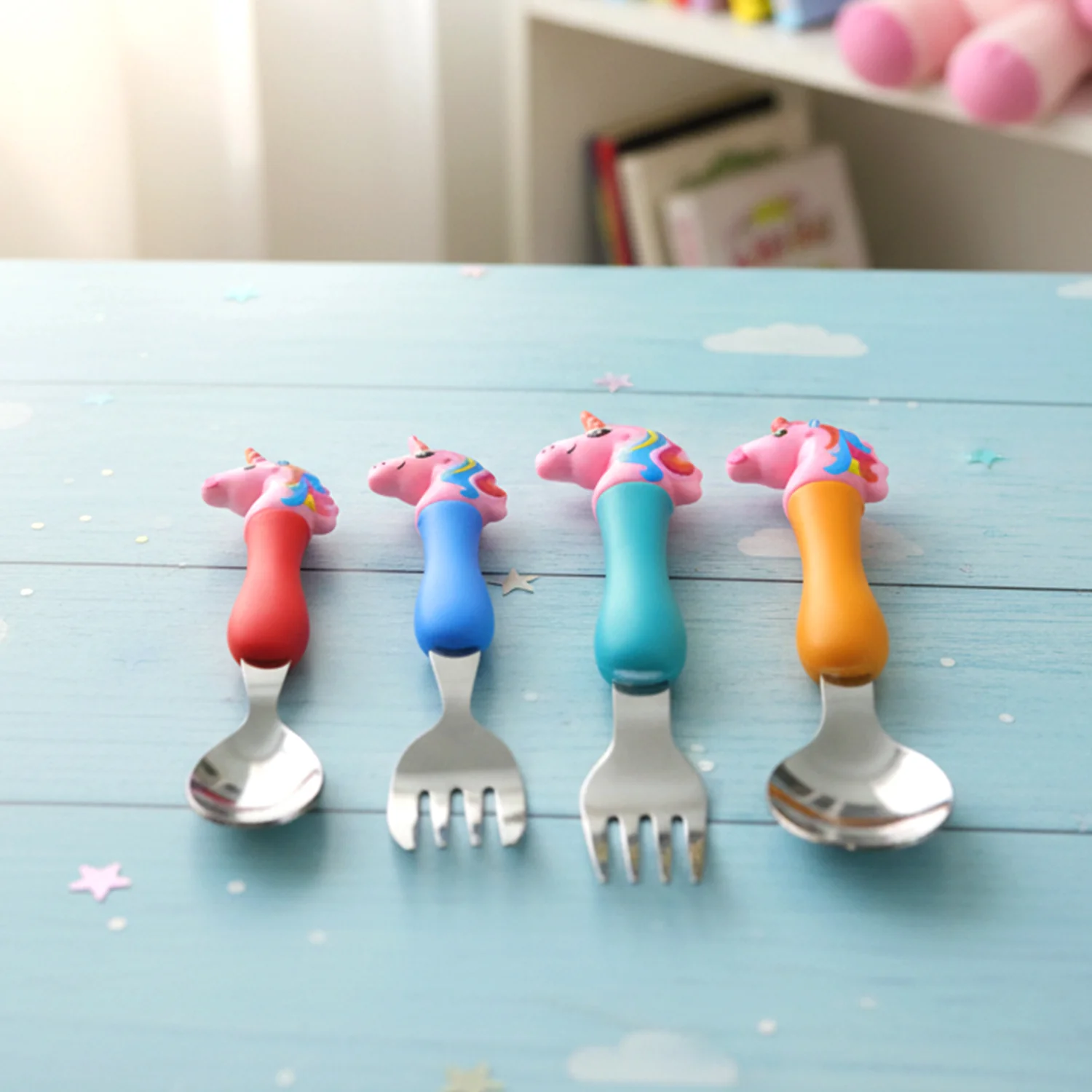 Unicorn Theme Kids Spoon and Fork With Plastic Handle Set (4 Pc Set) - Image 7