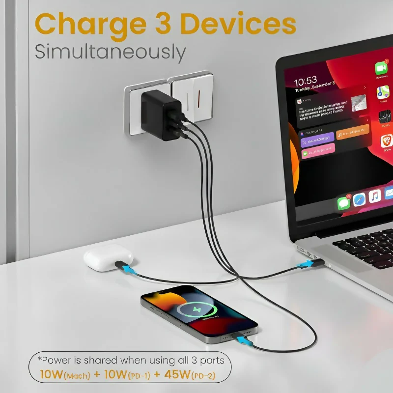 Uniteq 65W HyperGaN Fast Charger 2 Type-C PD + USB Port Adapter (Black) - Image 5