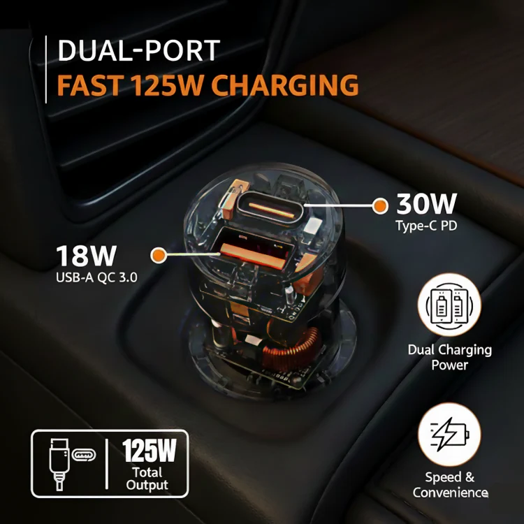 Uniteq ClearX 125W Dual Port Fast Car Charger Type-C PD USB (Black) - Image 2