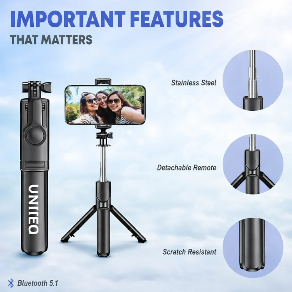 Uniteq Snappro X1 Bluetooth Selfie Stick Tripod with Remote (Black) - Image 3