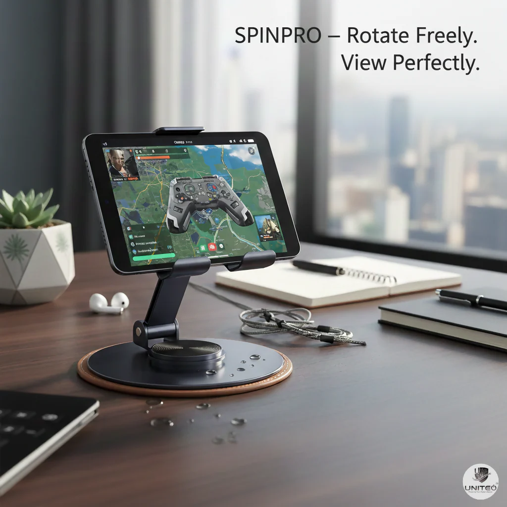 Uniteq SpinPro 360° Foldable Mobile Stand Adjustable Tablet Holder (Black) - Image 2