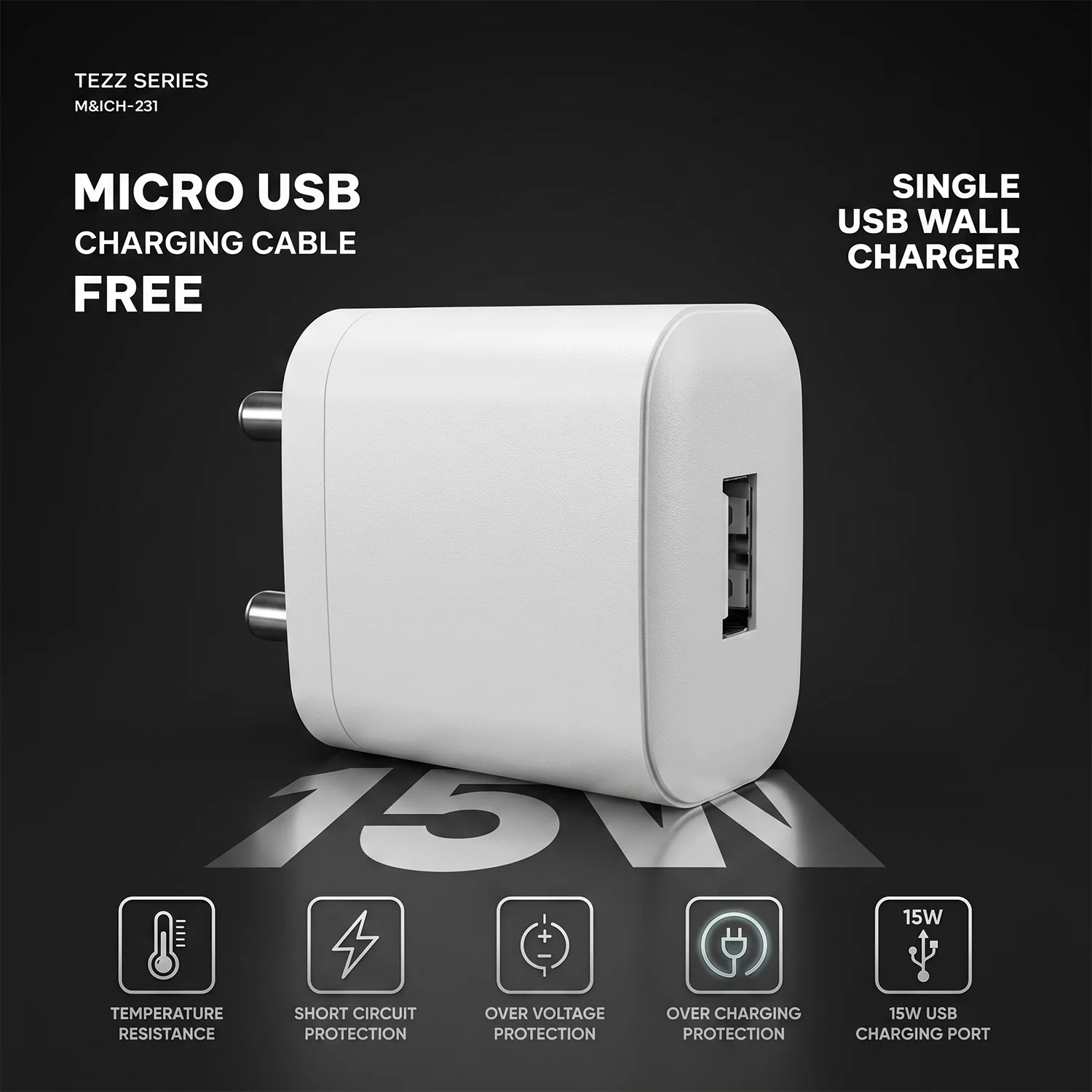 Tezz Series 15W Single USB Wall Charger with Micro USB Cable - Image 5