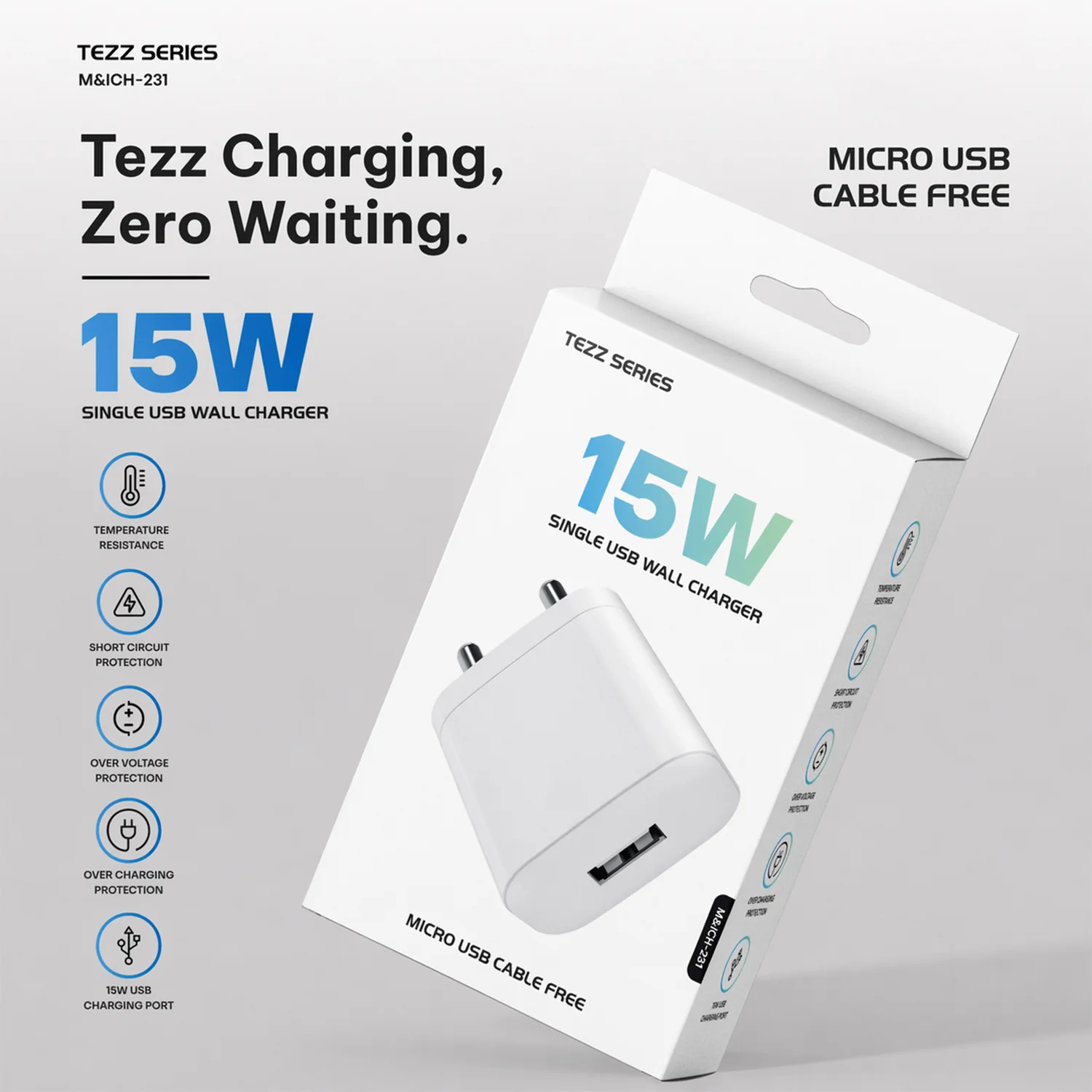 Tezz Series 15W Single USB Wall Charger with Micro USB Cable - Image 7