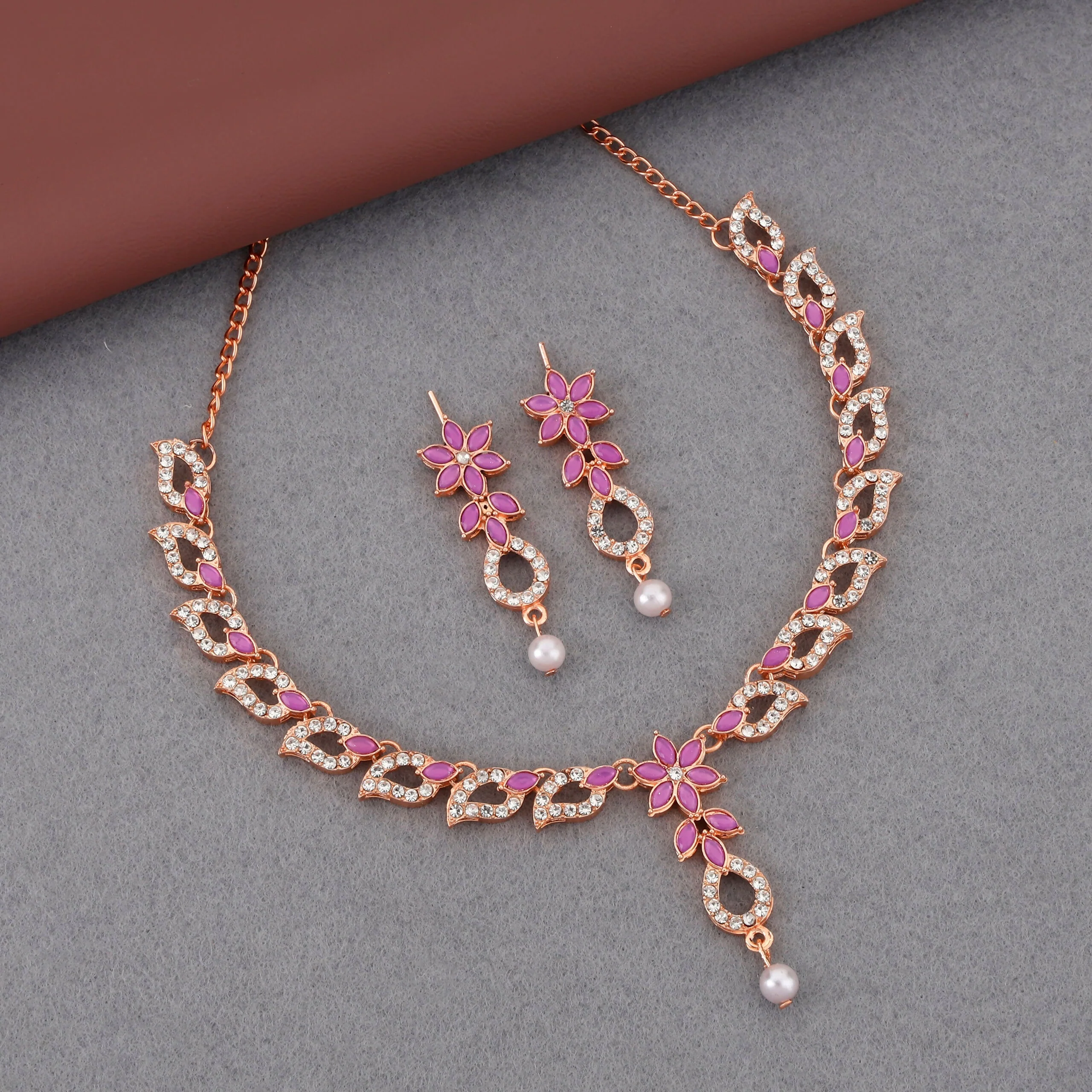 uxurious Rose Gold Plated Magenta Stone Necklace Set with Pearl Drop