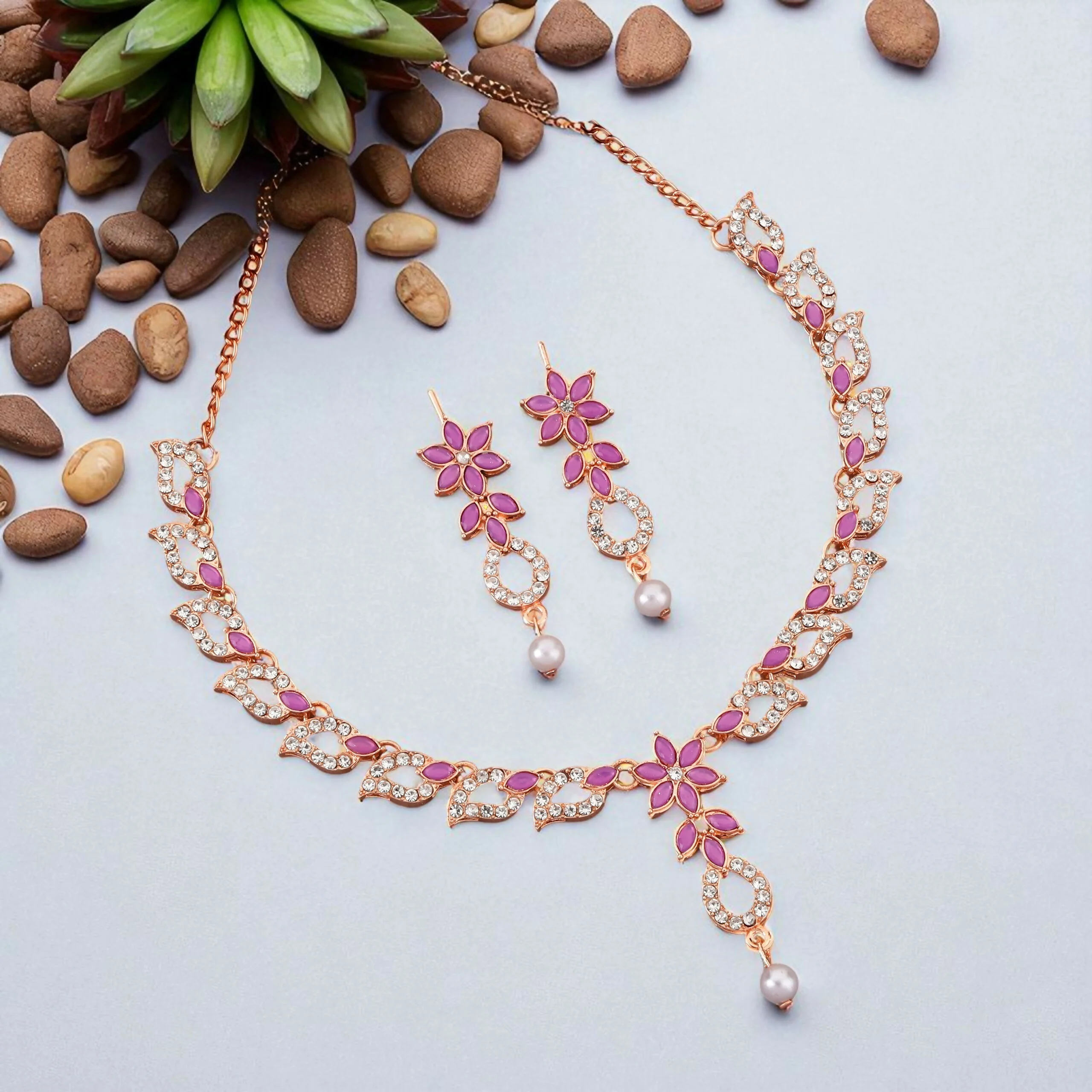 uxurious Rose Gold Plated Magenta Stone Necklace Set with Pearl Drop - Image 3
