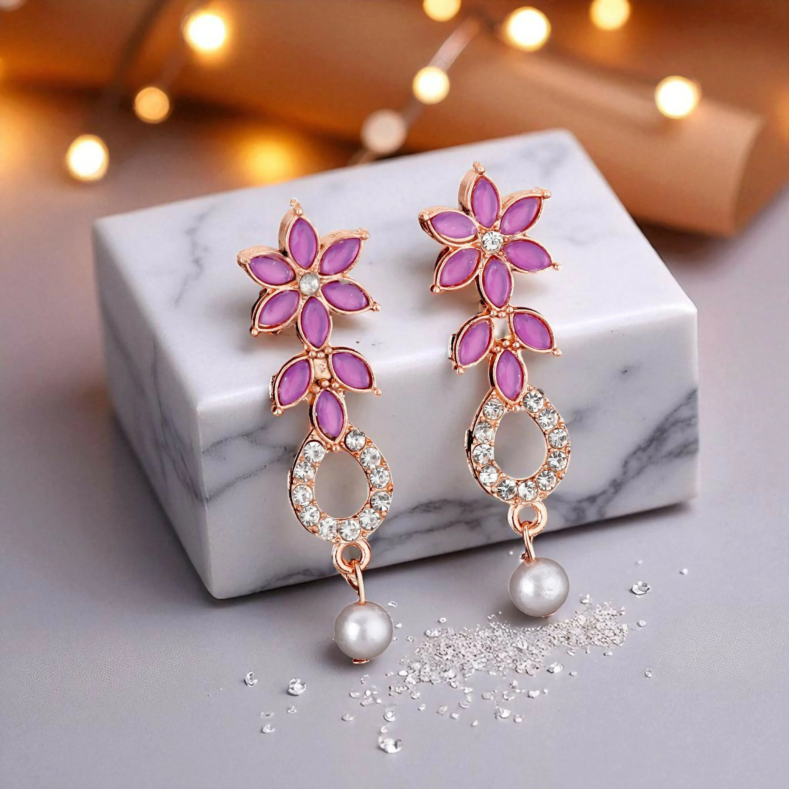 uxurious Rose Gold Plated Magenta Stone Necklace Set with Pearl Drop - Image 4