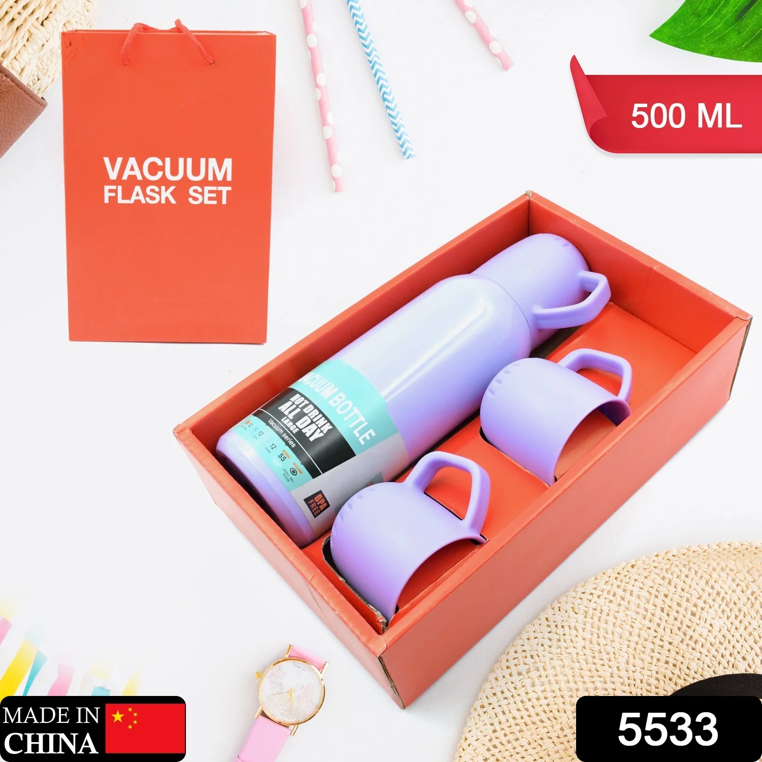 Vacuum Flask Set – Stainless Steel Thermos with 3 Cups, Approx 500ml - Image 2