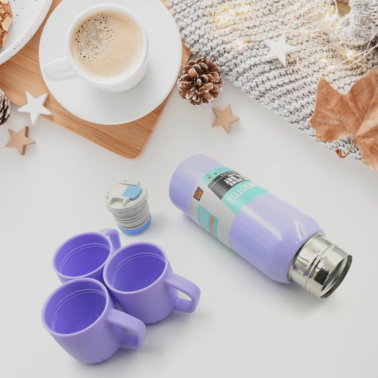 Vacuum Flask Set – Stainless Steel Thermos with 3 Cups, Approx 500ml - Image 5