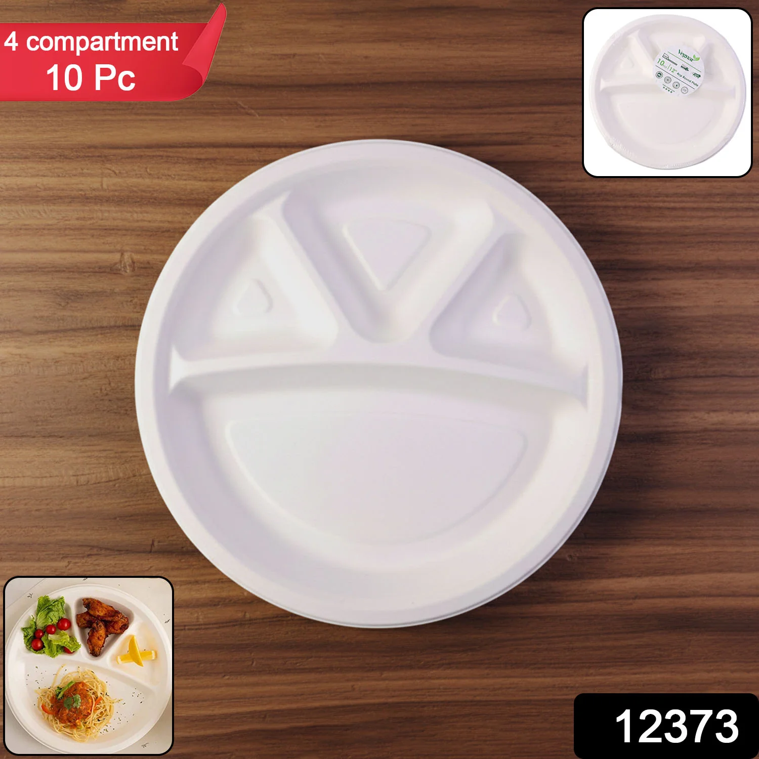 Vegnar 4 Compartment Disposable Food Serving Plate Set (10 Pc) - Image 2