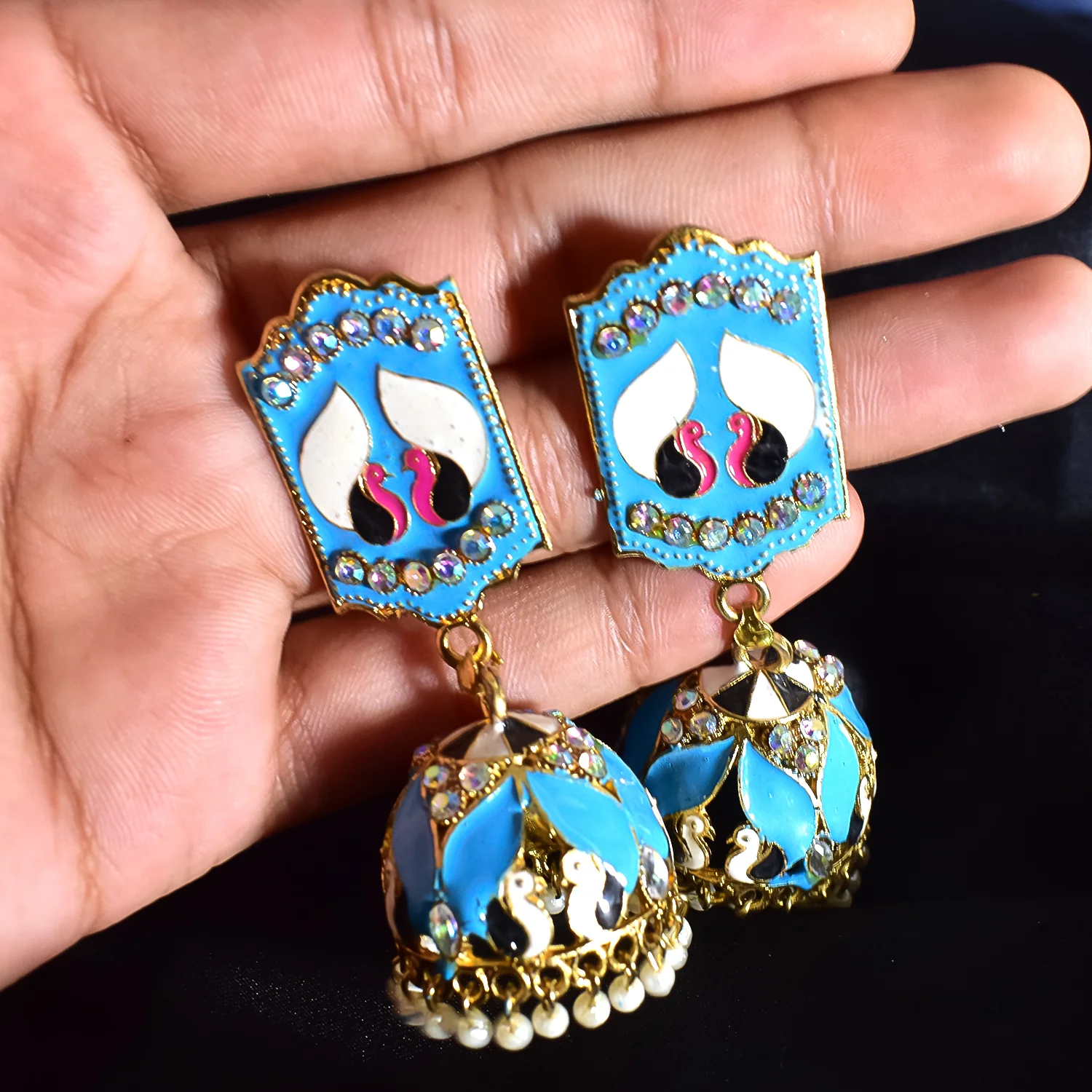 Vibrant Blue Jumka Earrings - Image 5
