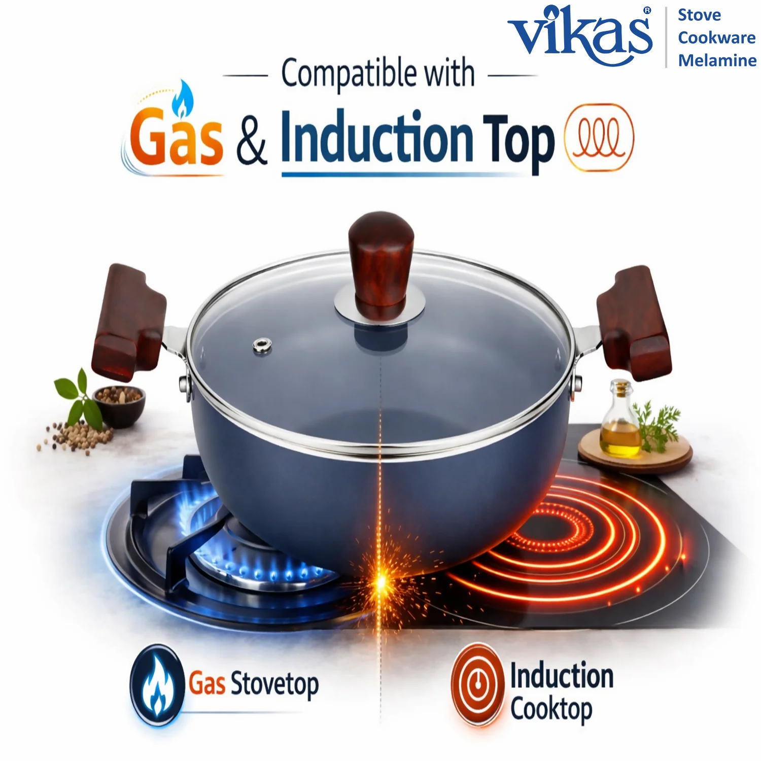 Vikas Ceramic Deep Kadai with Glass Lid & Wooden Handle Grey - Image 2