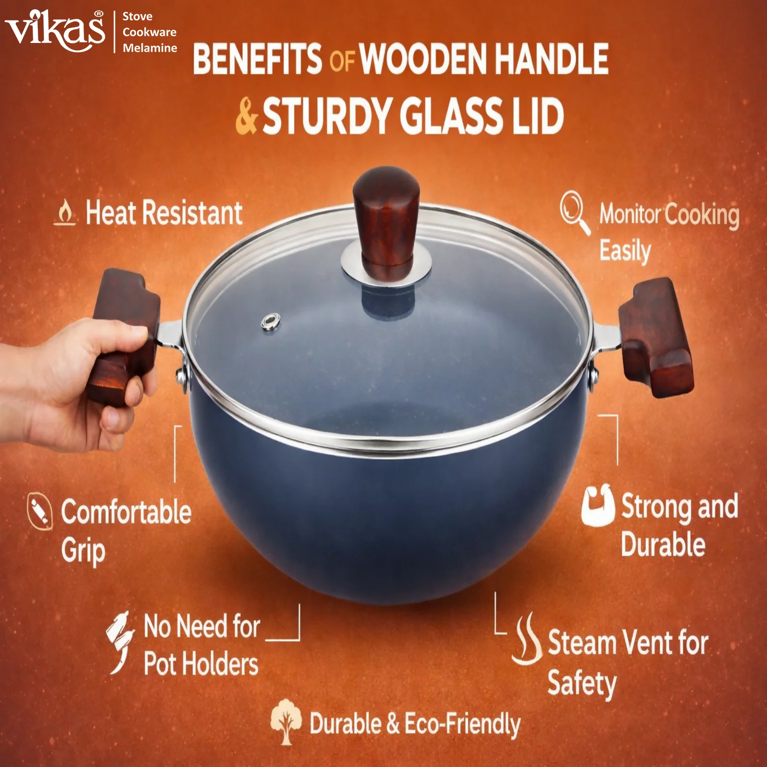 Vikas Ceramic Deep Kadai with Glass Lid & Wooden Handle Grey - Image 3
