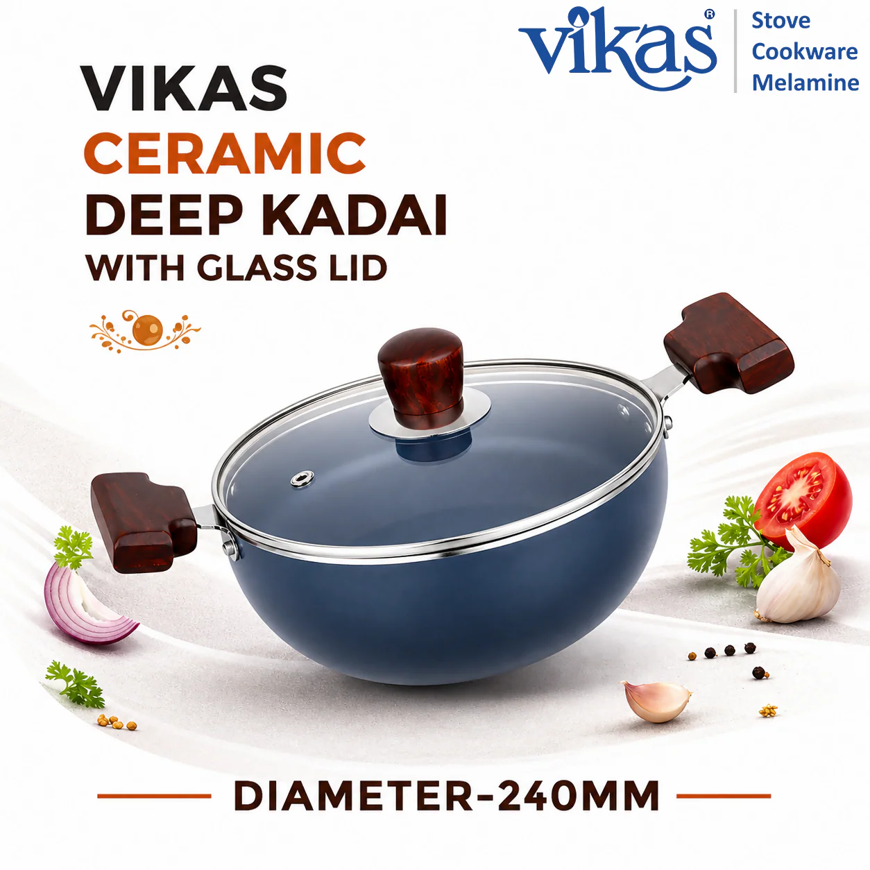 Vikas Ceramic Deep Kadai with Glass Lid & Wooden Handle Grey - Image 4